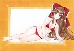 1girl absurdres alternate_costume barefoot bikini border bow brown_eyes brown_hair commentary_request frilled_bow frilled_hair_tubes frills hair_bow hair_tubes hakurei_reimu highres long_hair looking_at_viewer marker_(medium) navel open_mouth orange_border outside_border red_bikini red_bow reimu_hakurei smile solo stomach swimsuit thighs toes touhou traditional_media
