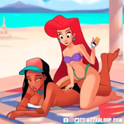 2018 2girls animated animated_gif ariel ass bare_shoulders barefoot beach bikini black_hair bouncing_breasts breast_press breast_squish breasts bubble_butt crossover dark-skinned_female dark_skin disney disney_princess earrings female_only gif half-closed_eyes human human_form jewelry kneeling large_breasts long_hair looking_back looking_pleasured loop lotion moikaloop multiple_girls native_american navel no_bra on_front on_stomach outdoors pocahontas pocahontas_(character) red_hair rubbing smile straddling sunscreen suntan_lotion swimsuit the_little_mermaid the_little_mermaid_(1989_film) topless very_long_hair