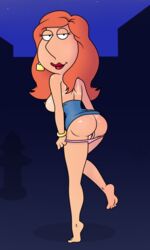 accurate_art_style ass back_view badbrains barefoot breast dress dress_pull family_guy female large_breast lois_griffin long_hair looking_at_viewer looking_back nipple orange_hair panties panties_down panties_pulled_down pink_panties pussy red_lipstick sideboob smiling solo tagme tanline