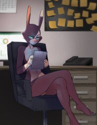 anthro blue_eyes casual_nudity chair colored_nails computer eyeshadow eyewear feliscede female glasses lagomorph makeup mammal nude phone pussy rabbit rimba_racer sitting solo tablet torres_(rimba_racer)