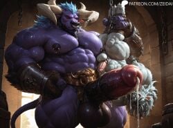 3_fingers ai_generated alistar alistar_(lol) armored_belt big_muscles bull chained equine_penis excessive_precum gauntlets hand_on_hip hands_on_back league_of_legends leaking_precum legs_grab loincloth medial_ring minotaur muzzle_(object) nipple_piercing nose_ring rengar rengar_(lol) sheath size_difference tied_hands zeid_(director)