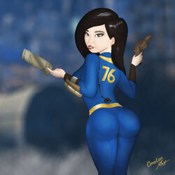 1:1 asian ass black_eyes blurry_background brown_hair computer electronics eyeshadow fallout fallout_76 female firearm gun handgun hourglass_figure huge_ass human lips makeup omolon-art paper pip-boy pistol revolver vault_76 vault_suit weapon wristwear