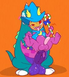 abdominal_bulge anal anal_penetration anus argon_vile balls balls_on_ground bemani big_balls bodily_fluids bottomless clothed clothing dino_(pop'n_music) dinosaur duo erection fucked_silly genitals gorgon_(pop'n_music) hat headgear headwear hi_res kaiju konami long_penis looking_pleasured male male/male penetration penis penis_size_difference pop'n_music prehistoric_species reptile scalie size_difference sweat sweaty_balls sweaty_genitalia wizard_hat wizard_robe