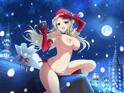 blonde_hair breasts large_breasts looking_at_viewer maroon_eyes night open_mouth santa_costume senran_kagura shiki_(senran_kagura) starry_background starry_sky third-party_edit topless yaegashi_nan