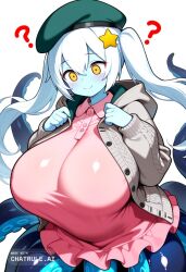 1girl age_difference ai_assisted ai_generated anime_style bangs blue_skin cable_knit cock_shock collared_dress confused consensual_tentacles curvy fear floating_hair girl green_hat grey_cardigan hair_between_eyes huge_balls huge_penis long_sleeves monster_girl octopus pink_dress scared scylla shiny_skin size_difference smile star_hair_ornament twintails upper_body vaginal_penetration very_long_hair weird white_background white_hair yellow_eyes