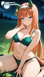 1girls 2026 ai_assisted ai_generated anime boobs bra breasts bust fireflies green_bra green_panties hi_res high_quality high_resolution highres long_hair moonlight navel night night_sky on_grass patreon patreon_username silence_suzuka_(umamusume) sitting sky skypassion solo stable_diffusion tits umamusume umamusume_pretty_derby underwear watermark