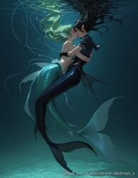 2girls ai_generated air_bubble black_gloves black_hair black_shirt breasts bubble closed_eyes completely_nude fins floating_hair french_kiss full_body gloves green_hair head_fins hug interspecies kiss lesbian long_hair mermaid monster_girl multiple_girls nude nyx_x pointy_ears sailor_collar scales school_uniform sensitive serafuku shirt short_sleeves tongue underwater watermark yuri