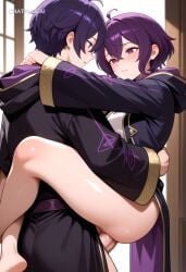 1girl ahoge ai_assisted ai_generated anal anal_penetration big_dick black_robe carrying dark_purple_hair hair_between_eyes leg_lock purple_eyes short_hair