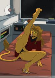 2018 alien anthro bed caitian_(species) clothed clothing feline female furry humanoid looking_at_viewer mammal orange_fur panties pussy red_shirt shiboline_m'ress smile solo spacecraft spread_legs spreading star_trek star_trek_the_animated_series starfleet_insignia starfleet_uniform tail tongue tongue_out underwear vehicle yawg yellow_sclera