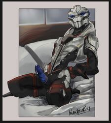 alien bed blue_penis bondage bound erection kneeling looking_at_viewer male mass_effect nude palavenmoons penis precum restrains ribbed_penis rope rope_bondage rope_harness solo thedax_(character) turian video_games