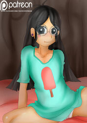 1girls black_eyes black_hair candy_chiu disney disney_channel female female_only glasses gravity_falls long_hair panties principenegro sitting solo straight_hair t-shirt