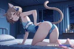 1boy ai_assisted ai_generated all_fours anime_screenshot barefoot brown_hair candle_light candles cat_ears comforting covered_erect_nipples cowboy_shot dark_room felix_argyle half_closed_eyes highres hospital_room hotel_room leotard looking_at_viewer looking_back_at_viewer night on_all_fours on_bed otoko_no_ko parted_lips quiet rezero short_hair shy small_ass small_breasts smile smug soles solo tail viewed_from_behind window