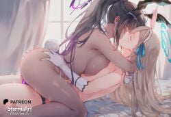2girls ai_generated animal_ears asuna_(blue_archive) black_hair blonde_hair blue_archive breast_grab breasts bunny_ears closed_eyes dark_skin embrace highres hug indoors karin_(blue_archive) kissing large_breasts multicolored_hair nipples nsfw on_bed purple_hair shiny_skin stormiaart sweat yellow_eyes yuri