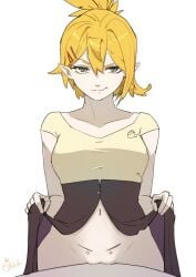 1girls ahoge anowlette blonde_hair dokibird head_wings indie_virtual_youtuber looking_at_viewer pointy_ears skirt_lift skirt_lifted_by_self vtuber