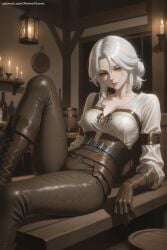 1girl ai_generated belt boots breasts ciri cleavage gloves hi_res high_quality high_resolution indoors knee_boots large_breasts leather lips looking_at_viewer medium_breasts pants patreon patreon_username seductive sexy sitting solo the_witcher_(series) uncensored watermark web_address white_hair