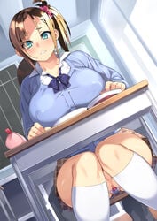 1boy 1girls blonde_hair blush book bow bowtie breasts censored chair choukyou!_sekkan!_maji_kutsujoku!_aashi_bitch_ni_ochitan_dakedoo classroom desk egg_vibrator embarrassed erect_nipples erect_nipples_under_clothes female green_eyes groin highres indoors large_breasts legs legs_together looking_at_viewer mosaic_censoring no_panties parted_lips ponytail pussy school_uniform sela_god short_ponytail sitting skirt solo_focus thighs tied_hair vibrator