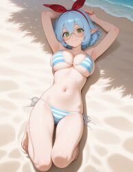 ai_generated bikini blue_hair blue_striped_bikini boobs breasts elf elf_ears elf_female elf_girl green_eyes indie_virtual_youtuber keisha_callie sexy striped_bikini tits vtuber