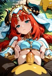 ai_generated crossover defeated defeated_female drowzee empty_eyes expressionless genshin_impact hoipo hoyoverse hypnotized medium_breasts mind_control nilou_(genshin_impact) on_back paizuri pokemon pokemon_(species) pushing_breasts_together red_hair underboob