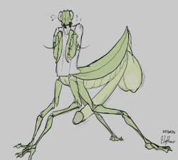 antennae_(anatomy) arthropod arthropod_abdomen balls big_balls big_penis blush claws clothing embarrassed embarrassing_exposure embarrassing_nudity exoskeleton genitals glans hi_res huge_balls huge_penis humanoid_genitalia humanoid_penis hyper hyper_balls hyper_genitalia hyper_penis insect insect_wings joyhouser male male/male mantis mantis_taur nerd nerd_mantis pawpads penis segmented_body shirt skinny solo t-shirt taur throbbing throbbing_balls throbbing_penis toe_claws topwear white_clothing white_shirt white_t-shirt white_topwear wings