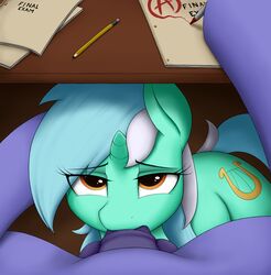 2018 absurd_res anearbyanimal balls cutie_mark duo english_text equine female feral first_person_view friendship_is_magic highres horn looking_at_viewer lyra_heartstrings_(mlp) male mammal my_little_pony oral pencil_(object) penis sex straight text under_the_table unicorn