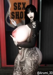 1girls 3d artist_request big_breasts black_hair blue_eyes cigarette goth goth_girl nipple_piercing original original_character smoking