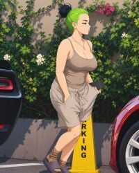 ai_generated anime anime_girl anime_style big_breasts big_tits billie_eilish boobs breasts green_hair shorts tits