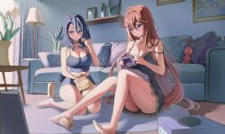2girls animal_ears bare_legs barefoot black_hair black_panties blue_eyes breasts bunny_ayumi choker cleavage couch cup dress feet hair_between_eyes indoors large_breasts long_hair multicolored_hair multiple_girls panties plant potted_plant red_hair sitting strap_slip streaked_hair table two-tone_hair underwear very_long_hair window