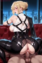 1boy 1girl ai_generated anus ass bangs black_footwear blonde_hair blush breasts censored cowgirl_position cum earrings evelyn_chevalier girl_on_top gloves hetero hi_res high_quality high_resolution kiraamane large_breasts looking_at_viewer looking_back nipples no_panties open_mouth patreon penis pussy seductive sex sexy shirt short_hair solo_focus straddling sweat thigh_strap uncensored vaginal watermark white_shirt zenless_zone_zero