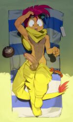 2025 4_fingers absurd_res anthro anthrofied arthropod assisted_exposure athletic athletic_anthro athletic_male balls bangs beach beach_towel bent_leg beverage biped bird's-eye_view bottle bottomwear bottomwear_down brown_body brown_countershading clothed clothing coconut coconut_drink container countershade_balls countershade_genitalia countershade_torso countershading crab crustacean day decapod detailed_background digital_drawing_(artwork) digital_media_(artwork) drinking_straw drupe_(fruit) erection extended_leg eyebrows eyewear eyewear_on_head fan_character fingers food front_view fruit gambit_the_scrafty generation_5_pokemon genitals glans hair hi_res high-angle_view humanoid_genitalia humanoid_penis kogito looking_at_genitalia looking_at_penis looking_down lying malacostracan male male_anthro midriff mohawk nintendo on_back on_ground on_towel open_mouth outside pants pants_down partially_clothed penis pink_glans pink_penis pinup plant plantigrade pokemon pokemon_(species) pokemorph pose predicament public public_exposure raised_eyebrows raised_hand red_hair relaxing reptile sand scalie scarf scrafty shadow solo sunglasses sunglasses_on_head surprise tail tail_tuft tongue torn_bottomwear torn_clothing torn_pants towel tuft yellow_scarf