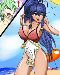 beach bulge fire_emblem fire_emblem:_the_sacred_stones fire_emblem_heroes futanari innes_(fire_emblem) intersex male niseruhito one-piece_swimsuit tan tana_(fire_emblem) tana_(summer)_(fire_emblem)