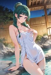 ai_generated blue_eyes botchi996 breasts completely_nude covering covering_breasts green_eyes holding_towel kusuriya_no_hitorigoto maomao_(kusuriya_no_hitorigoto) naked_towel nude water