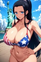1girls 4th_of_july ai ai_generated american_flag_bra american_flag_print anime_style big_breasts black_hair blue_eyes bra breasts breasts_bigger_than_head female female_focus female_only hands_on_hips long_hair looking_at_viewer navel new_york nico_robin one_piece quinzo11 self_upload shounen_jump statue_of_liberty toei_animation vagina