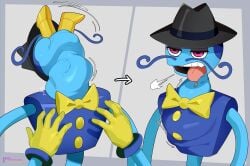 animate_inanimate anthro anthro_only arachnid blue_body blue_skin bulge daddy_long_legs_(poppy_playtime) humanoid male male_only open_mouth pink_eyes poppy_playtime seonmi spider stomach_bulge tongue tongue_out toony vore yellow_bowtie