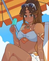 1girls 2d 2d_(artwork) artist_name artist_request beach bikini brown_eyes brown_hair dark-skinned_female dark_skin female female_only human human_only ice_pop illari_(overwatch) illari_quispe_ruiz latina looking_at_viewer midriff overwatch overwatch_2 peruvian peruvian_female poolside_illari questionable sfw sitting sole_female solo solo_focus source_request summer_games_series sunglasses sunglasses_on_head