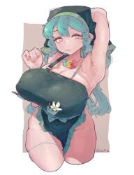 1girls 2d 4qw5 apron apron_only armpits arms_behind_back arms_up big_breasts blue_hair closed_mouth female female_focus flower hat keiki_haniyasushin long_hair necklace nipple_bulge no_bra no_panties pink_eyes signature solo spiral_eyes thick_thighs thigh_strap thighs touhou