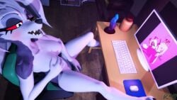 loona_(helluva_boss) miss_heed_(villainous) verosika_mayday_(helluva_boss) helluva_boss villainous crossover 3d source_filmmaker masturbation female_masturbation vaginal_fluids kevhon kuraidrawblack sex lesbian computer desk chains bad_dragon bad_dragon_dildo ambiguous_penetration strap-on strapon breasts nipples blushing