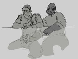 2boys blush clothed clothing erection fingerless_gloves gas_mask gay gloves grimace handjob holding_penis jerkingoff_another legs_held_open looking_away male male_only monochrome open_fly penis penis_out pym0 pyro pyro_(team_fortress_2) scout scout_(team_fortress_2) simple_background sketch team_fortress_2 under_the_table yaoi