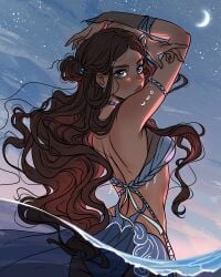 avatar_legends avatar_the_last_airbender back_view bikini dark-skinned_female kalisami katara moon outdoors solo_female swimsuit waterbending