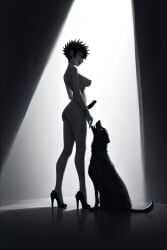ai_generated black_hair canine dark_lighting domestic_dog feral futanari imminent_zoophilia intersex monochrome stiletto_heels zoophilia