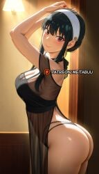 ai_generated arched_back arms_up ass babydoll bare_shoulders black_dress black_hair black_panties blush breasts cleavage closed_mouth cowboy_shot dress earrings female from_side gold_earrings hairband highleg_panties indoors jewelry lamp large_breasts lingerie long_hair looking_at_viewer looking_to_the_side meitabuu nail_polish nightgown off_shoulder panties red_eyes red_nails see-through sidelocks smile solo spy_x_family string_panties thighs thong underwear white_hairband yor_briar yor_forger
