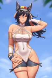 animal_ears black_hair cleavage eyewear_on_head female granblue_fantasy ilsa_(granblue_fantasy) large_breasts lvl lvl_(sentrythe2310) outdoors skindentation solo standing sunglasses_on_head swimsuit