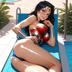 1girls ai_generated ass beach big_ass bracers breasts circlet dtkai female from_side hand_on_hip large_breasts looking_at_viewer nature oiled pool sitting smile sunlight sweat wet wonder_woman_(series)