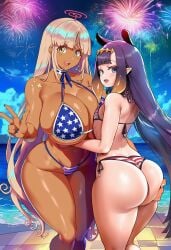 ai_assisted ai_generated american_flag_bikini ass_grab beach big_ass big_breasts big_hips blonde_hair dark-skinned_female fireworks hips hololive hololive_english hololive_english_-council- hololive_myth large_ass large_breasts night night_sky ninomae_ina'nis purple_hair tsukumo_sana vtuber vtuberfanart
