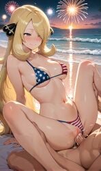 4th_of_july ai_generated beach bikini blonde_hair blush cum_in_pussy cynthia_(pokemon) fireworks grey_eyes long_hair lotus_position outdoors pokemon sunset
