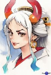 ai_generated close-up color earrings face_focus female female_only geisha horns jewelry k1girls lipstick makeup multicolored_hair oiran one_piece orange_eyes portrait priestofart simple_background solo solo_female tagme tagme_(artist) tagme_(character) watercolour_(artwork) watermark white_background yamato_(one_piece)