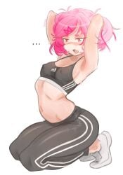 1girls armpits arms_up blush doki_doki_literature_club emiillb female kneeling natsuki_(doki_doki_literature_club) pink_hair sports_bra sweat sweating sweaty yoga_pants