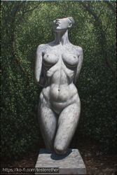 1girls abs alien arms_behind_back background bald branch breasts breasts_apart chromatic_aberration collarbone colored_skin completely_nude dated decapitation facing_up female fine_art foliage forest grey_skin groin head_back head_tilt headless large_breasts looking_up medium_breasts nature navel nipples nude outdoors pale_skin realistic signature solo standing statue stomach thighs toned tree what white_skin