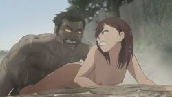 1boy anime attempted_rape ayase_momo bathhouse brown_eyes brown_hair crawling dandadan dark-skinned_male escape fat_male female female_on_bottom glowing_eyes half_nude inminent_rape inminent_rape_attempt light-skinned_female looking_back male male_on_top naked naked_male nude_edit official_animation official_art older_male older_male_and_younger_female onsen rape rape_attempt schoolgirl screencap short_hair smirking towel towel_around_waist trying_to_escape ugly_bastard ugly_man wet_skin younger_female