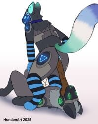 anthro anus ass character_request clothing crouching cytheprotogen duo eating_scat enjoying_the_go feces femboy flower_accessory happy hi_res hundenart legwear lying machine male male/male on_back peeing peeing_on_another pooping_on_another protogen raised_tail scat scat_eating tail thigh_highs watermark