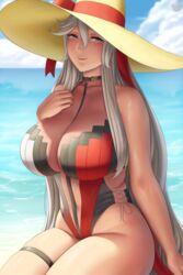 beach cleavage female granblue_fantasy hat large_breasts long_hair lvl lvl_(sentrythe2310) magisa_(granblue_fantasy) outdoors purple_eyes sitting solo swimsuit white_hair